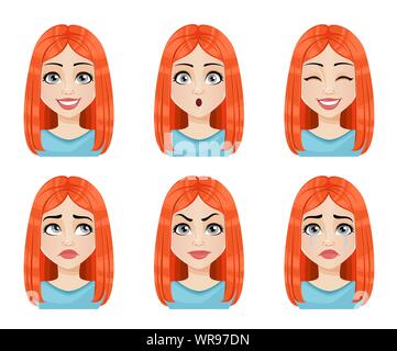 Les expressions du visage belle femme rousse. Femme différentes émotions. Dame mignon personnage. Vector illustration isolated on white background Illustration de Vecteur