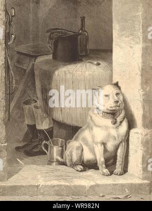 La vie faible, par Sir Edwin Landseer. Chiens 1874 ILN antique full page print Banque D'Images