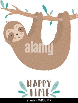 Image vectorielle d'un mignon drôle sloth sur la branche avec le coeur. Dessin animé dessiné à la main l'illustration pour enfant, été tropical, vacances, carte, bannière, imprimer Illustration de Vecteur