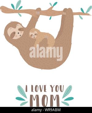 Image d'un isolé vecteur mignon sloth hugs baby sur la branche. Dessin animé dessiné à la main l'illustration pour enfant, été tropical, vacances, carte, bannière, nurs Illustration de Vecteur