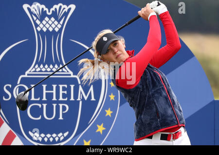 Jessica Korda du Team USA tees au large de la 12e au cours de l'aperçu deuxième jour de la Solheim Cup 2019 à Gleneagles Golf Club, à Auchterarder. Banque D'Images