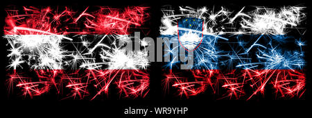 L'Autriche, la Slovénie, l'Autriche, Fireworks mousseux slovène concept et idée drapeaux Banque D'Images