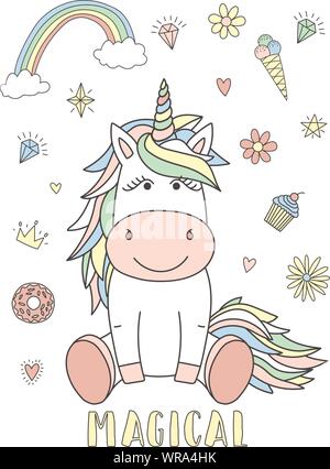 Image vectorielle d'un unicorn mignon avec des coeurs, des fleurs, arc-en-ciel, les diamants et l'inscription magique. Concept de maison de vacances, baby shower, anniversaire, fête, Illustration de Vecteur