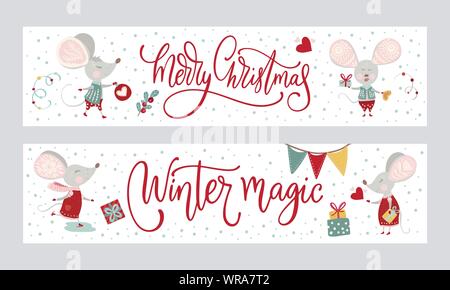 Noël : funny cartoon souris poster situé dans un style plat. Vecteur d'hiver long collection de bannières avec mignon souris Nouvel An sur les médias sociaux et les ventes. Illustration de Vecteur