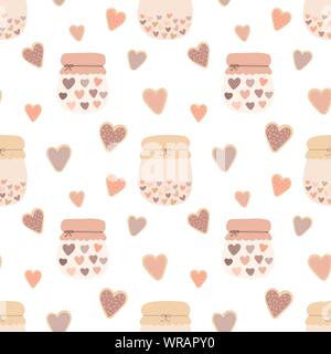 Modèle logique de l'amour forme coeur cookies, pots de confiture sur un fond clair. Image vectorielle pour la Saint-Valentin, les amoureux, estampes, vêtements, textiles, Illustration de Vecteur