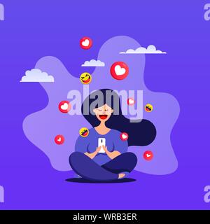 Les réseaux sociaux. Young happy woman standing avec un smartphone assis dans un parc à discuter avec l'homme. Illustration de Vecteur