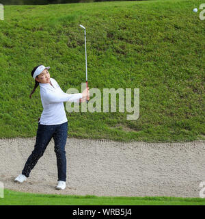 Gleneagles, UK. 10 septembre 2019. Dans la journée du mardi a joué sur les rois Cours à Gleneagles, Perthshire, UK, HANNAH DARLING de Midlothian Ecosse associé ANNABELL FULLER, d'Angleterre, étudie maintenant à Roehampton, USA a joué contre SADIE, Engelmann de Austin, Texas, USA et LUCY LI, de Stanford, Californie, USA avec Darling/ Fuller remportant 4 et 3. Jeu de Lucy Li un bunker. Credit : Findlay/Alamy News Banque D'Images