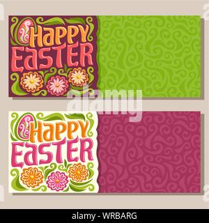 Les bannières horizontales vecteur pour Happy Easter holiday : carte de souhaits avec fond curly vert et rouge. Illustration de Vecteur