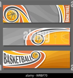 Les bannières horizontales de vecteur pour le basket-ball : 3 cartoon couvre de texte sur le thème de basket-ball, sport d'orange avec cour battant balle sur fond gris. Illustration de Vecteur