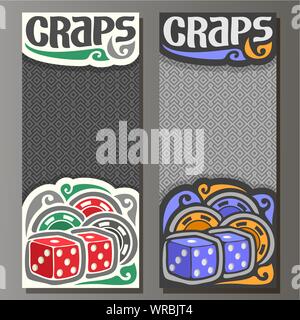 Bannières verticales vecteur pour jouer au craps, 2 cubes rouges et tas de jetons de casino coloré gris sur fond géométrique. Illustration de Vecteur