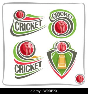 Vector set d'icônes pour le Cricket match : red ball flying sur courbe sur le terrain, pas de logo avec texte - cricket isolé sur blanc. Illustration de Vecteur