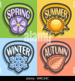 Logo Vector pour quatre saisons : le printemps - fleur sur le vert, l'été - soleil chaud sur jaune, automne - Feuille d'automne sur le rouge, l'hiver froid - flocon de neige bleu. Illustration de Vecteur