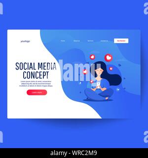 Les réseaux sociaux.jeune femme est assise à son ordinateur portable et de discuter avec l'homme et l'emoji sur l'arrière-plan. Dating app et de relation virtuelle. Illustration de Vecteur