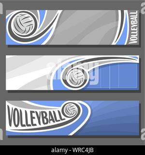 Vector set de bannières horizontales pour Volleyball : 3 cartoon couvre pour titre texte sur volley-ball thème, cour de sport bleu avec flying ball le bac gris Illustration de Vecteur