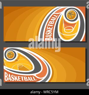 Bannières vecteur pour jeu de basket-ball : Basket-ball ball jeté sur la trajectoire de vol de la courbe ci-dessus sport court sur l'orange abstract background. Illustration de Vecteur
