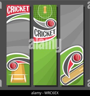 Bannières verticales vecteur pour le Cricket match : 3 modèles de dessin animé pour le texte sur le cricket thème, bat de frapper une boule rouge au-dessus de champ à carreaux avec un pitch sur gre Illustration de Vecteur