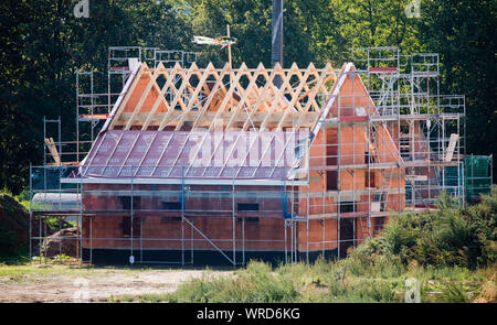 Laatzen, Allemagne. 10 Sep, 2019. Un topping-out coups sur la guirlande de charpente récemment construit une maison individuelle dans un nouveau lotissement dans la région de Hanovre. En dépit d'un volet d'en juin, le boom de la construction a les sociétés de vente beaucoup plus élevé dans la première moitié de 2019. Entre autres choses, la poursuite de la forte demande pour les maisons et appartements fait les caisses enregistreuses anneau. Credit : Julian Stratenschulte/dpa/Alamy Live News Banque D'Images