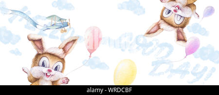 Présentant des murs en pépinière Les lapins jouer. Vol d'un avion avec ruban, ciel nuages, ballons colorés. Le lettrage. Bonjour. Bonne journée. L'illustration pour enfants. Whi Banque D'Images