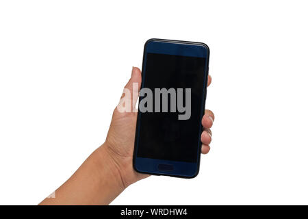 Adolescentes tient en main un smartphone bleu avec un écran noir isolé sur fond blanc Banque D'Images
