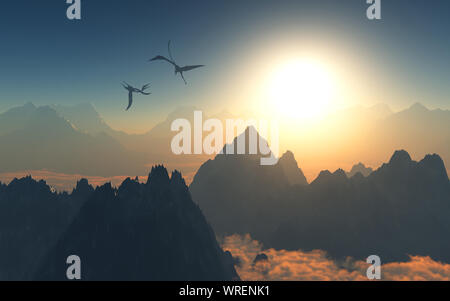 Quetzalcogtlus volant au-dessus d'une chaîne de montagnes. Banque D'Images