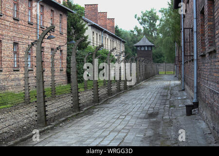 Auschwitz-Birkenau, Pologne - 14 juin 2019:clôture électrique avec fil barbelé, partie du Musée commémoratif de l'Holocauste du camp De Concentration d'Auschwitz Banque D'Images