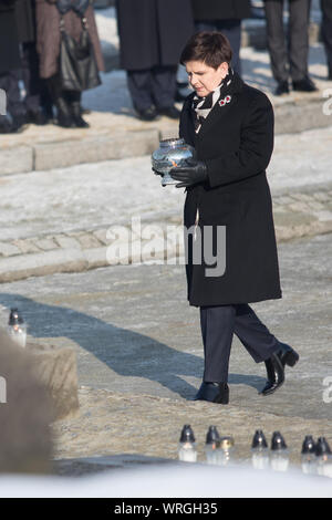 Auschwitz-Birkenau, en Pologne - 27 janvier 2017 : 72 ème anniversaire de la libération d'Auschwitz. Premier ministre Beata Szydlo au monument. Banque D'Images