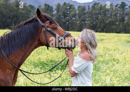 Woman kissing son cheval arabe alezan sur son nez, debout en face de l'autre, en plein air avec champ de fleurs jaunes. Banque D'Images