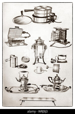 La dernière version kichenware affiché au début des années 1930 dans le Beeton Mme 'Tout sur Côté Cuisine' édition de 1930. Les articles en vedette, tous les appareils table électrique : a griller ; ; gaufrier grille-pain, chauffe-liquide ; cafetière ; fer à repasser ; électrique ; tea pot (avec bouteille) et une plaque chauffante. Banque D'Images