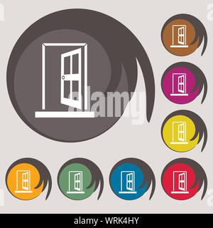 Porte, entrer ou sortir d'icon signe. Symboles sur huit boutons de couleur. Vector Illustration de Vecteur