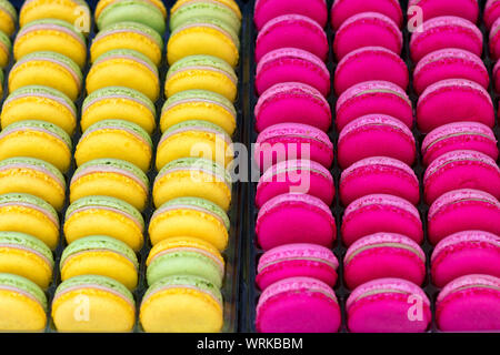 Macarons colorés exposés à la vente, vert-jaune et rouge-rose Banque D'Images
