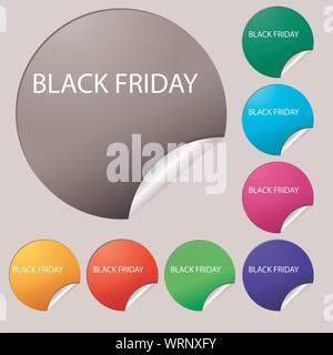Icône de signe vendredi noir. Symbole vente.Offre Spéciale label. Ensemble de huit boutons ronds multicolores, autocollants. Vector Illustration de Vecteur