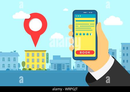 Tenez votre smartphone à la recherche et à la réservation d'hôtel en ligne avec des étoiles de l'avis de notation. Mobile App Hostel recherche détaillée et interface d'application de réservation sur fond de ville. Illustration vectorielle Illustration de Vecteur