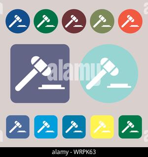 L'icône marteau du juge. 12 boutons de couleur. Modèle plat. Vector Illustration de Vecteur