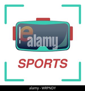 L'e-sport logo avec les lettres rouges dans un cadre vert avec un vr, lunettes télévision vecteur icône dans le style décontracté sur fond blanc. Illustration de Vecteur
