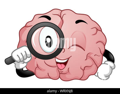 Illustration d'une mascotte du cerveau avec une loupe à la recherche de quelque chose Banque D'Images