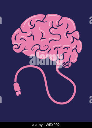 Illustration d'un cerveau avec fil connecté à un câble USB Banque D'Images