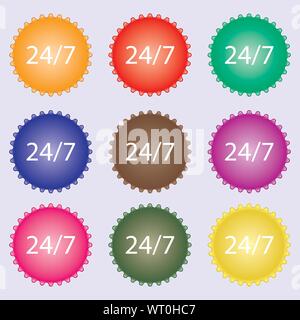 Service et assistance pour les clients. 24 heures par jour et 7 jours par semaine. Une série de 9 étiquettes de couleurs différentes. Vector Illustration de Vecteur