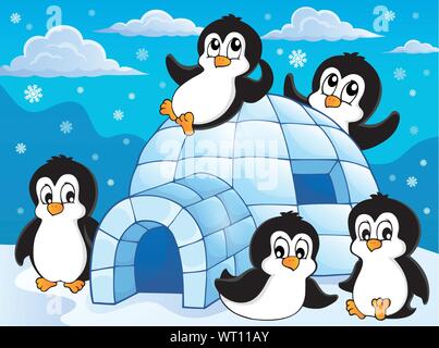 Igloo avec pingouins thème 1 Illustration de Vecteur