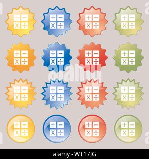 La multiplication, la division, plus, signe moins symbole Mathématique Les mathématiques. Grand ensemble de 16 boutons modernes colorés pour votre conception. Vector Illustration de Vecteur