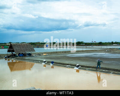 Samut Sakhon, Thaïlande - 16 juin 2019 : paludier sel pelleté dans le jardin de sel Le sel, l'agriculture de Samut Sakhon, Thaïlande. Banque D'Images