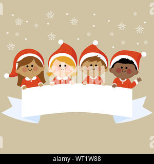 Heureux groupe d'enfants vêtus de costumes de Noël tenant une bannière de ruban vierge. Fête de Noël enfants célébrant le nouvel an et Noël. Banque D'Images
