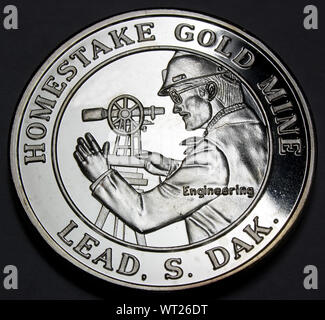 1988 Homestake Gold Mine une once Troy d'argent ronde commémorative - Lead, Dakota du Sud - USA Banque D'Images