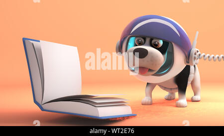 3d Chiot Chien vêtu d'un scaphandre sur Mars et la lecture d'un livre, illustration 3D render Banque D'Images