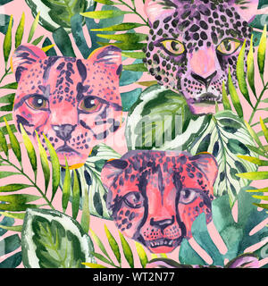Animaux d'Afrique à la mode Cool modèle transparent. Motif imprimé animal aquarelle avec mignon léopard, Guépard, Jaguar muselières en jungle. Été la nature grap Banque D'Images