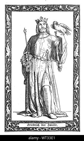 Frederick II, roi d'Allemagne à partir de 1212, le roi d'Italie et empereur du Saint Empire Romain. Friedrich II, 1194-1250, Adelsgeschlecht der Staufer, ab 1212 römisch-deutscher König und von 1220 bis zu seinem Tod des Kaiser römisch-deutschen Reiches, amélioration numérique reproduction d'une illustration du xixe siècle Banque D'Images