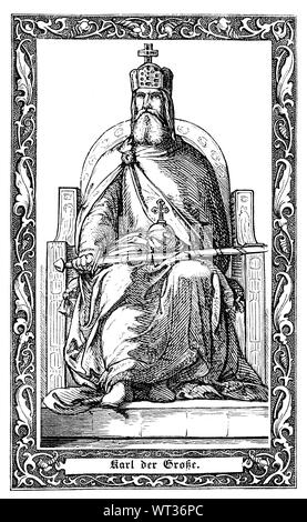 Charlemagne ou Charles le Grand, numérotées de Charles I, a été roi des Francs à partir de 768, roi des Lombards de 774, et l'Empereur des Romains à partir de 800. Karl der Große, Carolus Magnus, Charlemagne, Karolus Magnus, 747 - 814, 768 bis 814 von König des Fränkischen Reichs. , L'amélioration numérique reproduction d'une illustration du xixe siècle Banque D'Images