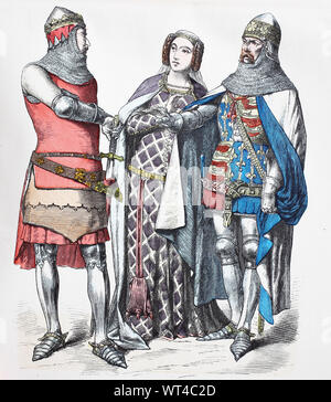 Costume national, des vêtements, de l'histoire des costumes, les chevaliers et la noblesse d'Angleterre, en 1330-1370, Volkstracht, Kleidung, Geschichte der Kostüme, Ritter und Edelfrau aus England, 1330-1370 Banque D'Images