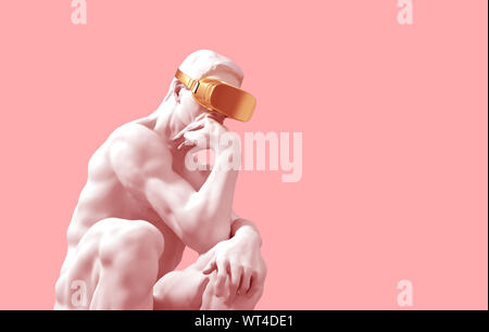 Penseur Sculpture avec lunettes VR d'or sur fond rose. 3D Illustration. Banque D'Images