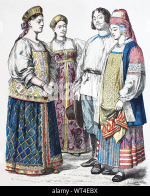 Costume national, des vêtements, de l'histoire des costumes, Mme von Jaroslaw, Mme von Tvier et man avec Mme von Kaluga, Russie, en 1885, Volkstracht, Kleidung, Geschichte der Kostüme, Frau von Jaroslaw, Frau von Frau und Mann mit Tvier von Kaluga, Russie, 1885 Banque D'Images