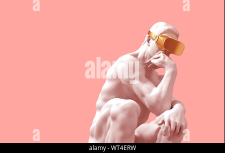 Avec lunettes VR penseur d'or sur fond rose. 3D Illustration. Banque D'Images